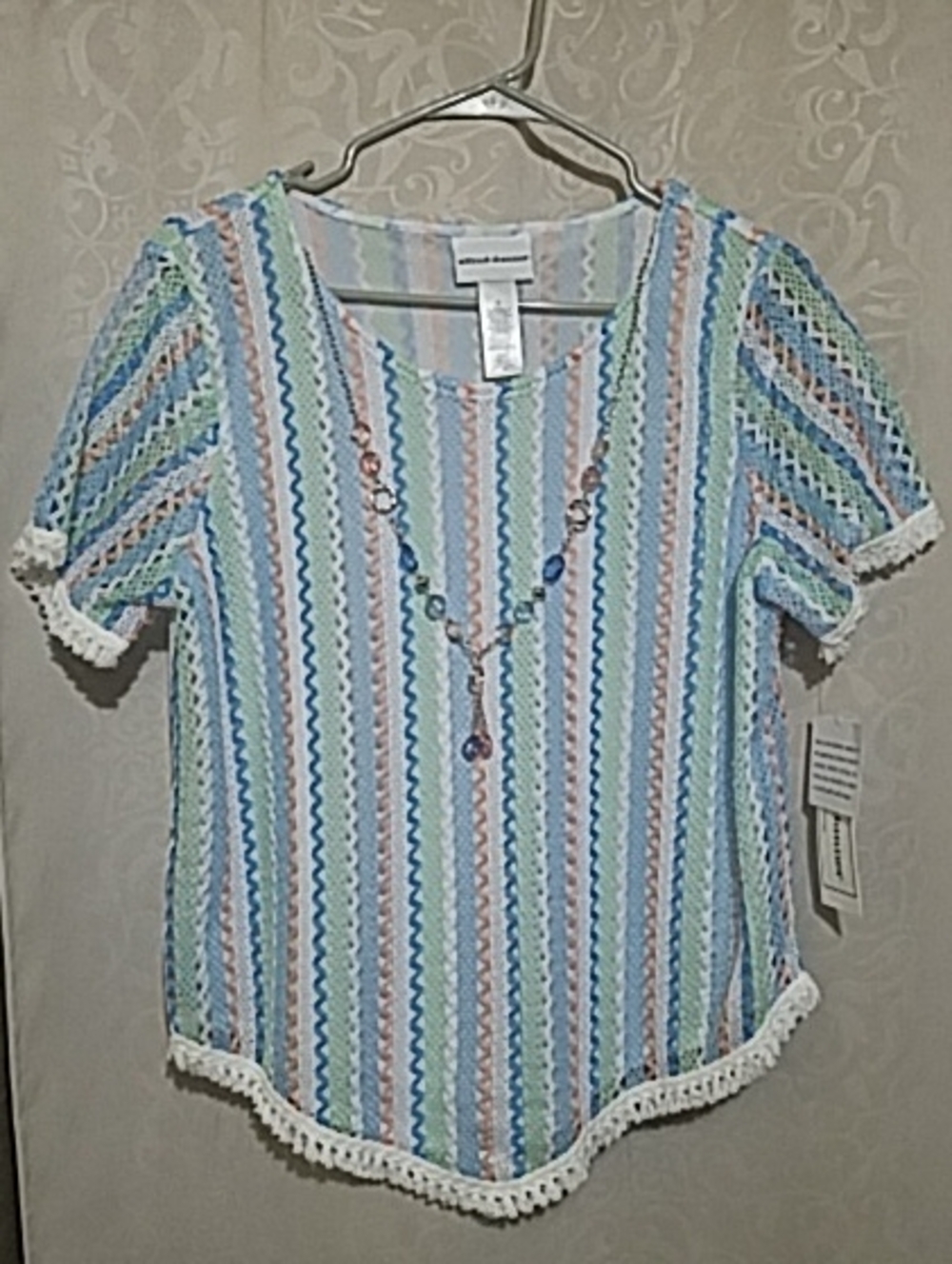 Alfred Dunner Pastel Multicolor Stripe Crochet-Trim Short Sleeve Top